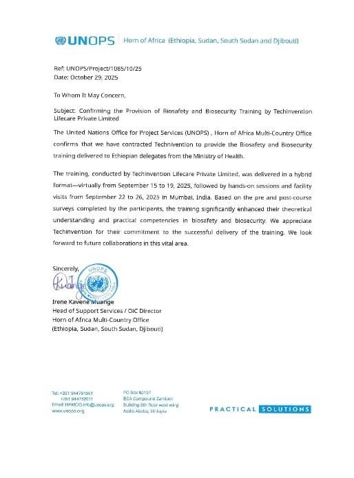 Client Feedback Letter - UNOPS Biosafety & Biosecurity Training